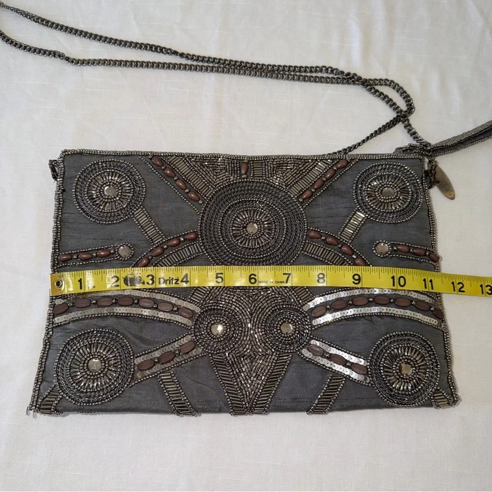 Vintage Mary Frances Gray Beaded Clutch crossbody with brown bead accents India